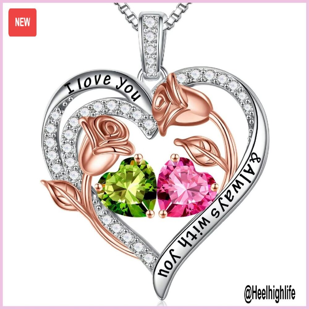 925 Sterling Silver Rose Heart Birthstone Necklace Adjustable Chain